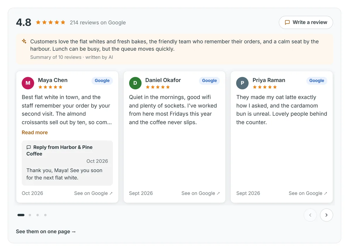 Example: the Truewidgets carousel with a made-up café’s Google reviews, its rating, an AI summary and an owner reply