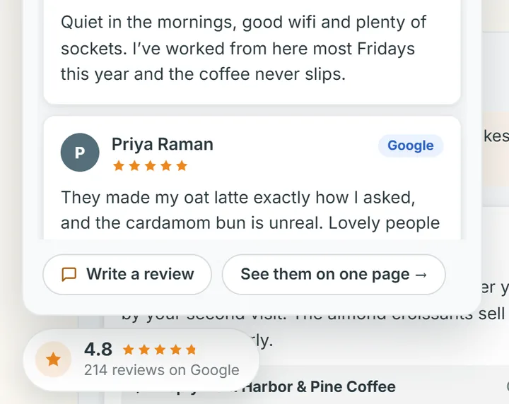 Example floating badge, opened to show the newest reviews and a summary